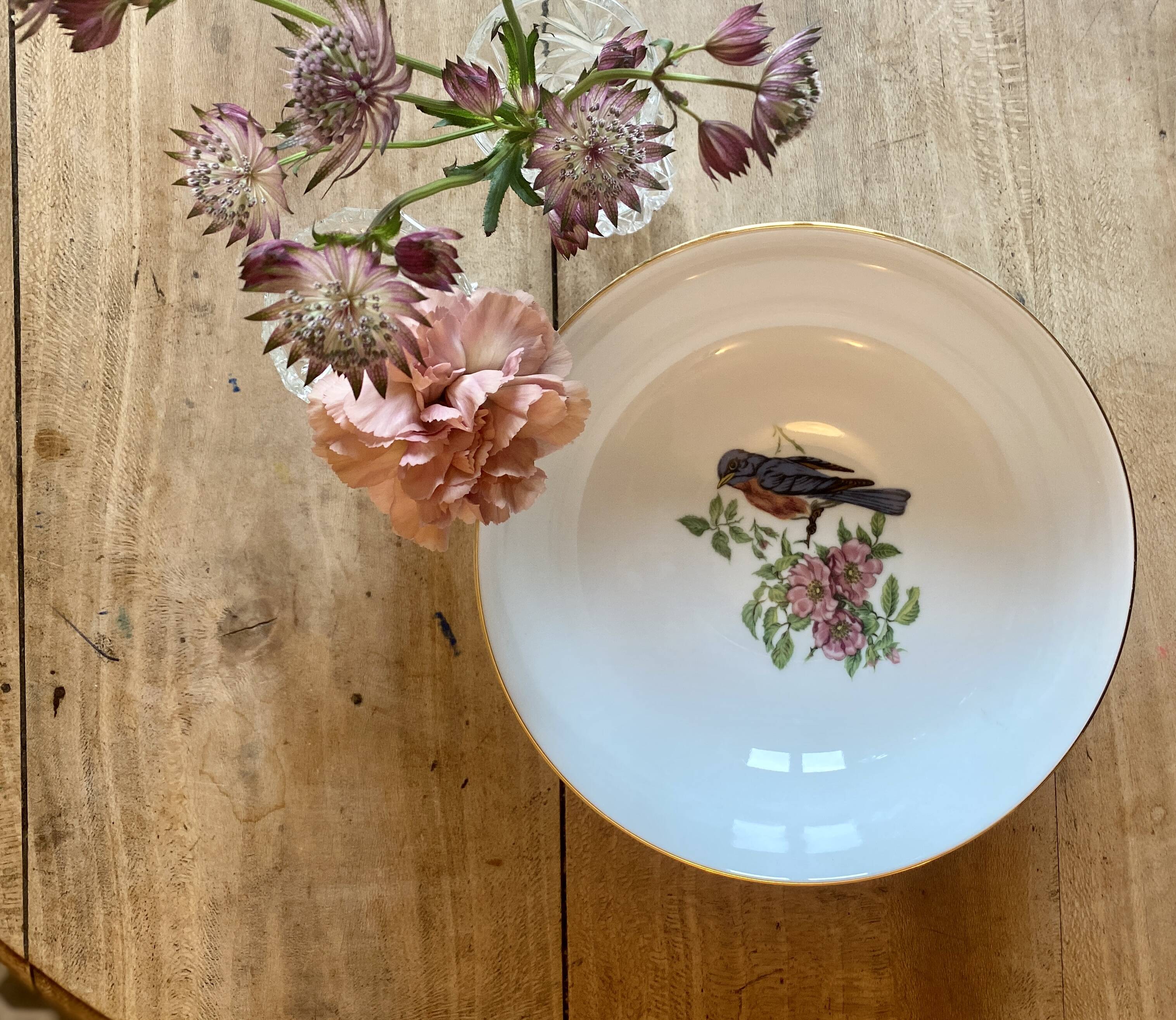 Vintage porcelain salad bowl - bird and flower decorations