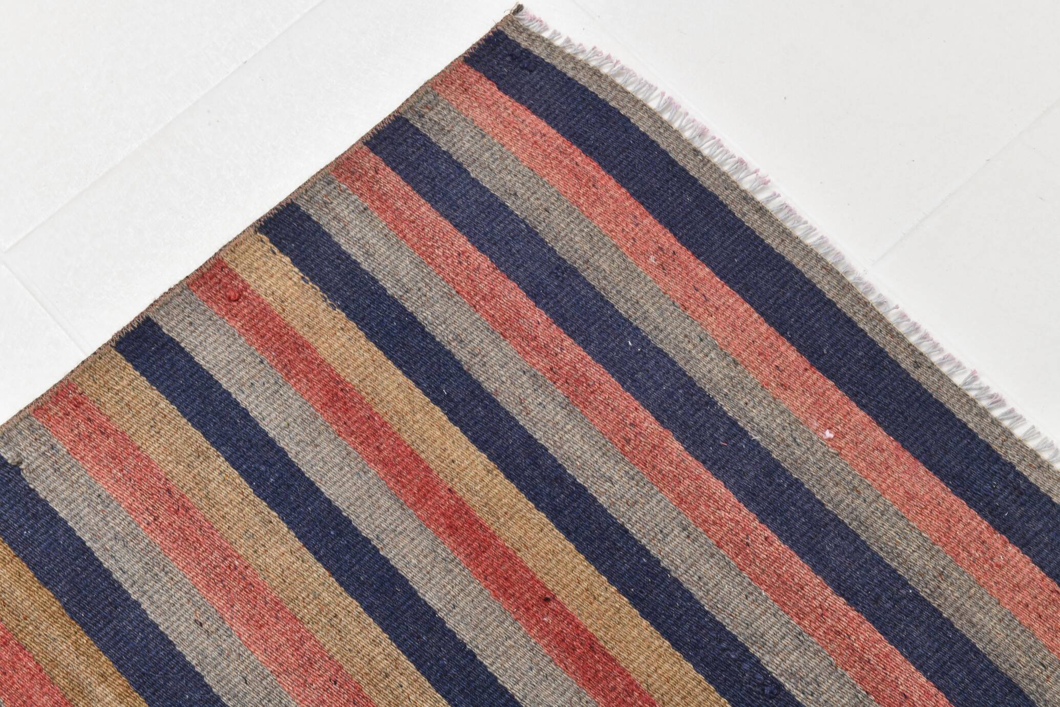 Navy Blue & Terracotta Hand Woven Turkish Striped Kilim Rug, 147x217 Cm