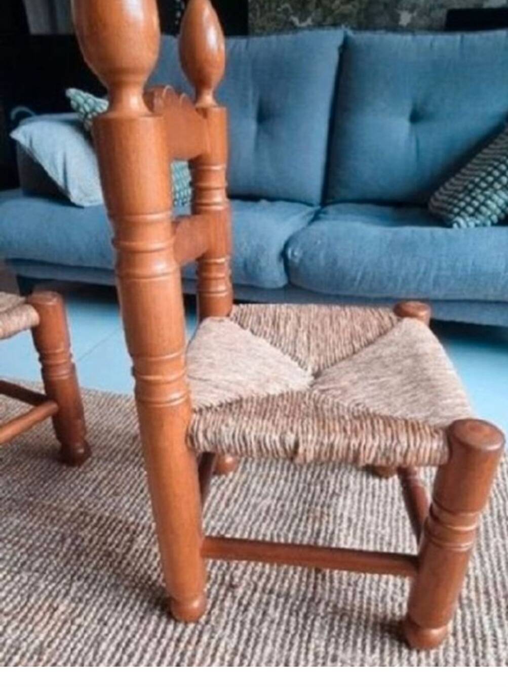 4 chairs and stools, brutalist art, straw and wood