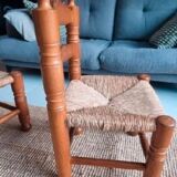 4 chairs and stools, brutalist art, straw and wood