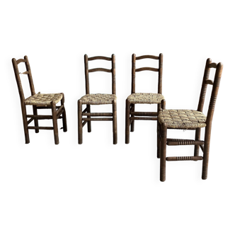 4 chaises en bois tourné avec assise en corde tressée
