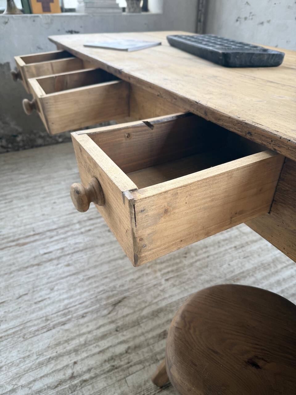 Pine and oak farmhouse table with multiple drawers, communal type, 240cm.
