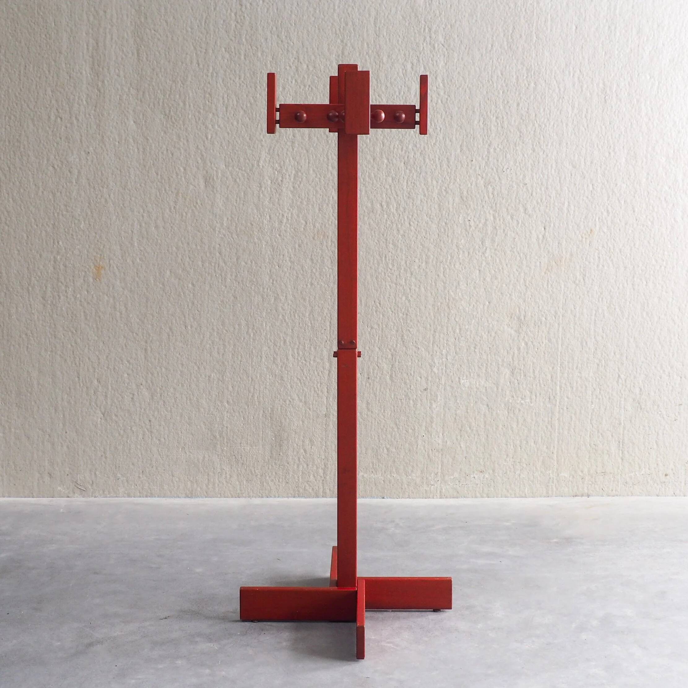 Postmodern red stained pine wood coat hanger