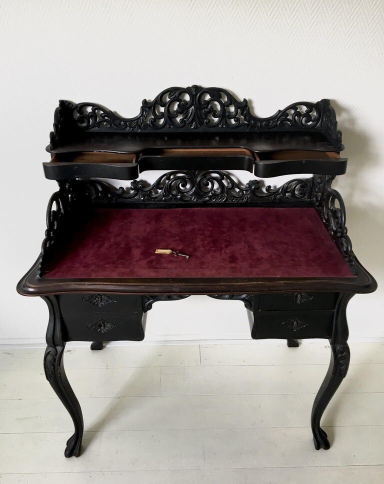 Elegant Victorian Black and Red Desk, Writing Table, Secretaire