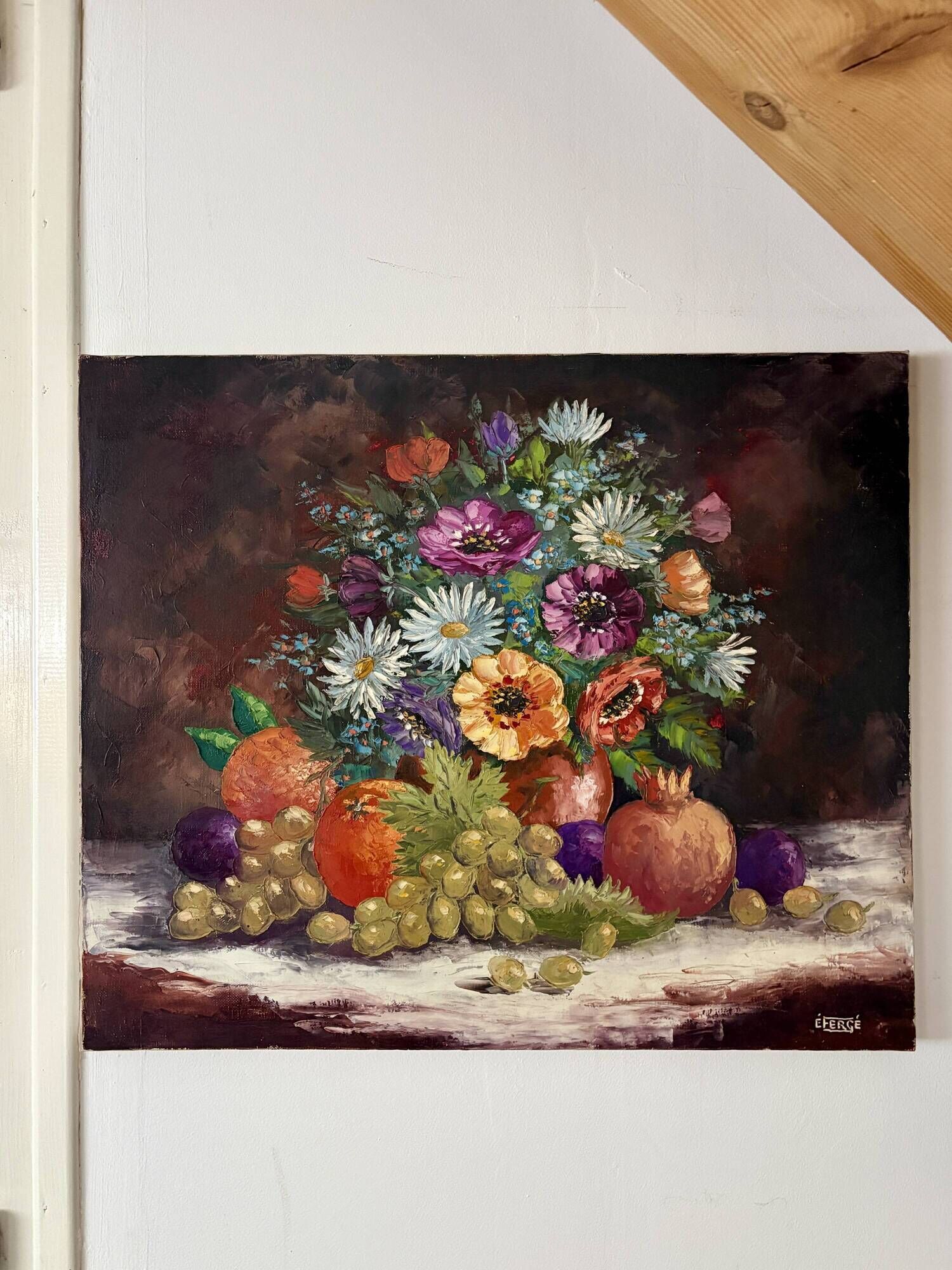 Old painting, still life of flowers and fruits.