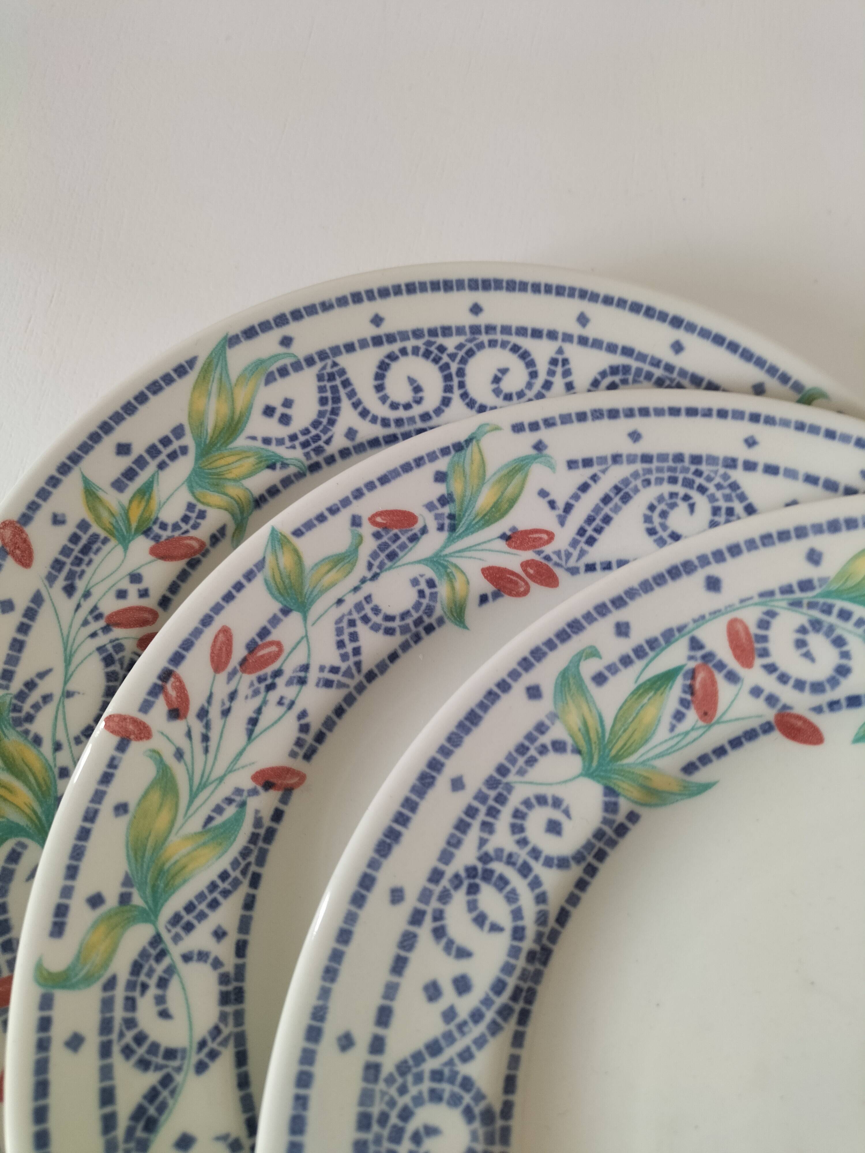 3 plates Churchill England mosaic and floral design