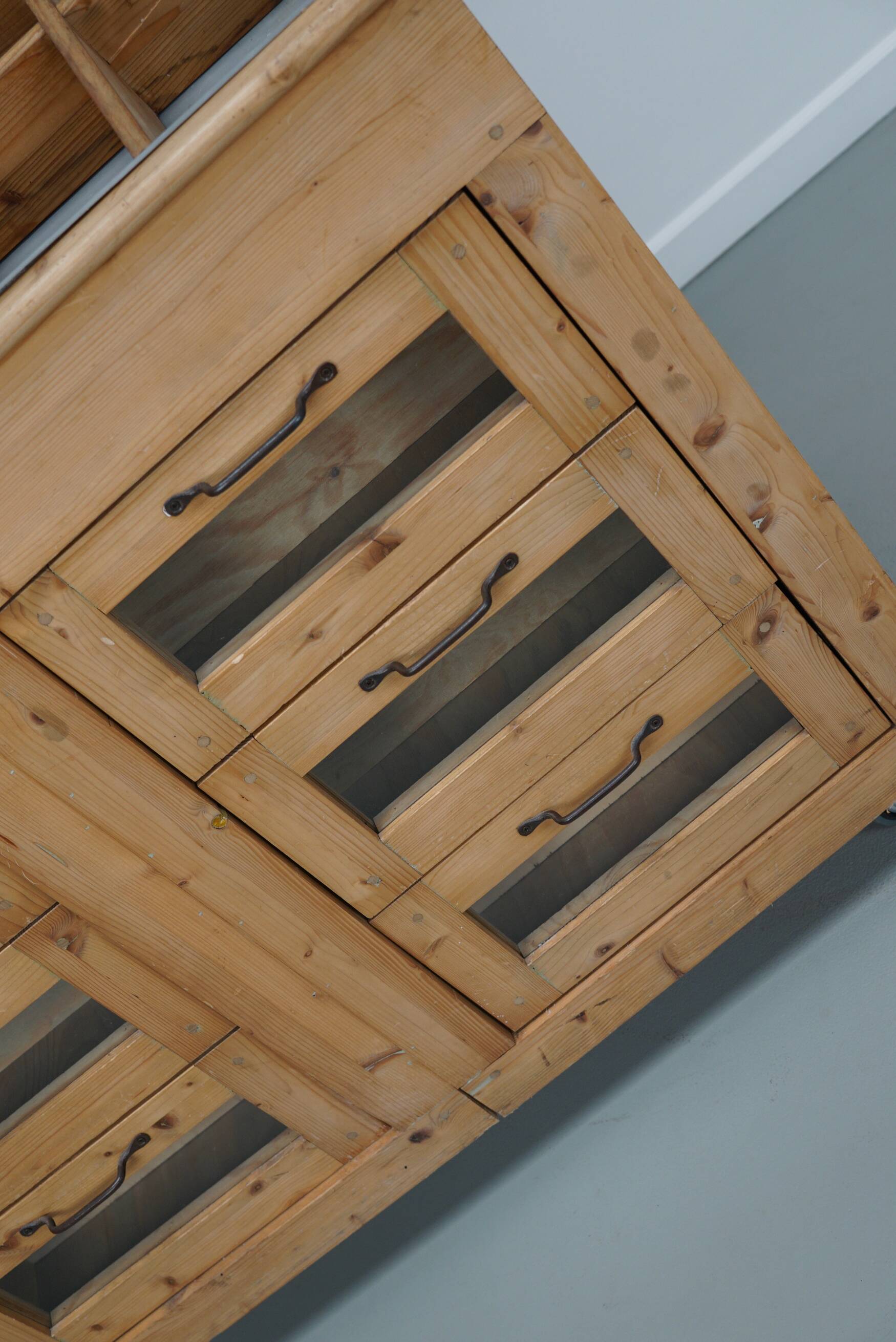 Vintage Dutch Pine Haberdashery Shop Cabinet with Glass Fronts