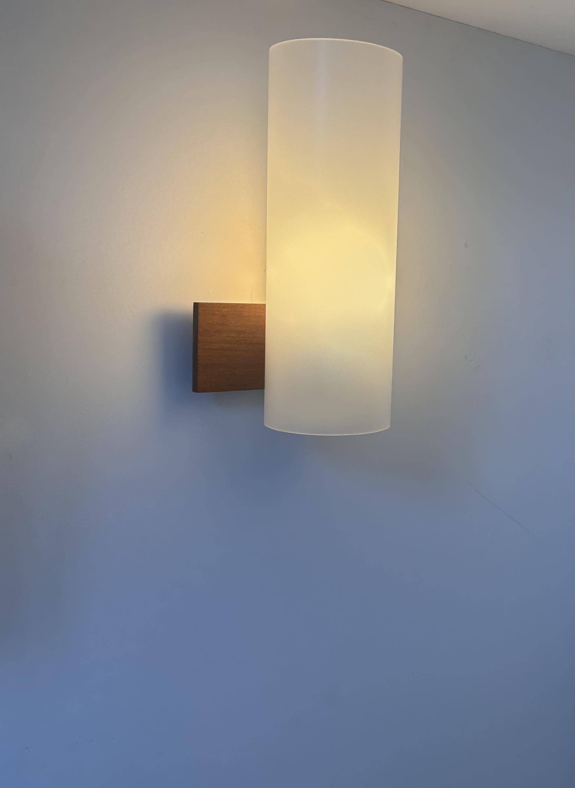 Pair of vintage wall lights, opaline perspex and teak, Doria Leucthen, Germany 1960s