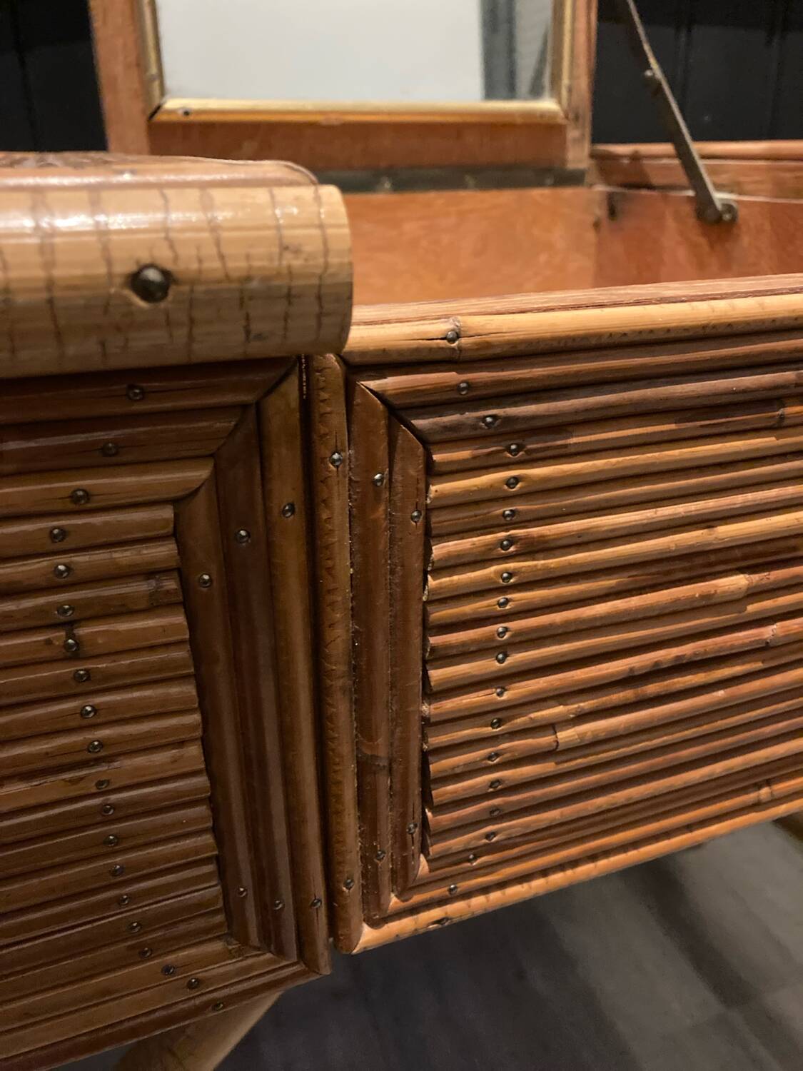 Hairdresser, vintage rattan desk, in the style of Audoux Minet.