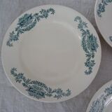 5 Plates flat Longchamp Lutèce faience old laurel green iron earth