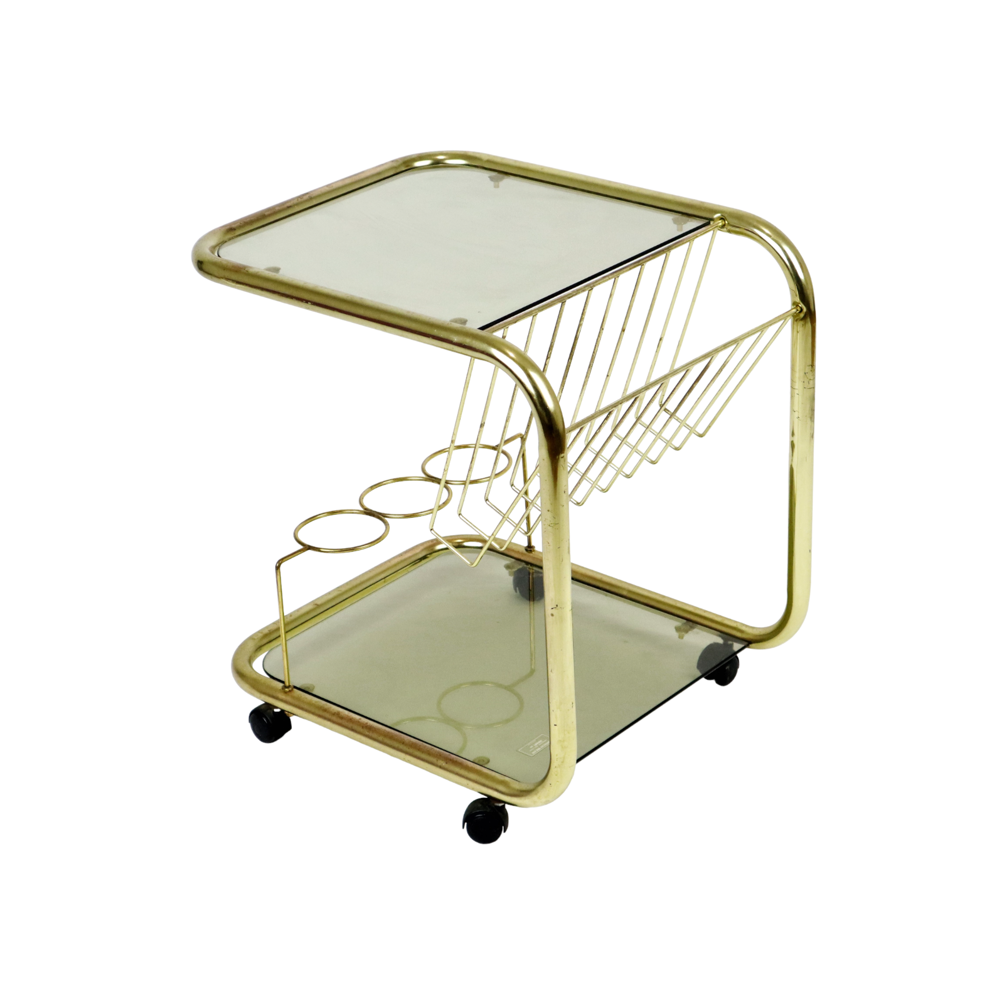 Vintage smoked glass trolley bar magazine rack side table milo baughman style italy 53cm