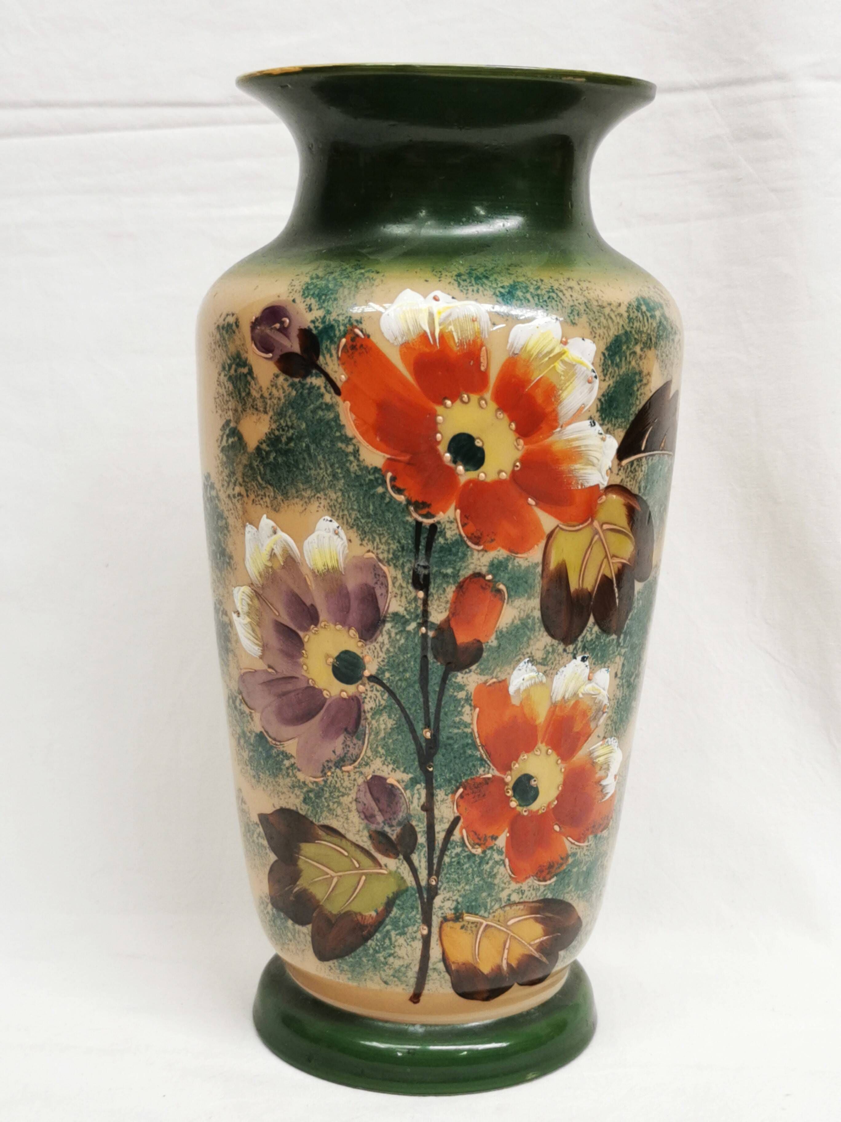 old Opaline Vase, painted / enamelled Floral decoration 19th, Napoleon III