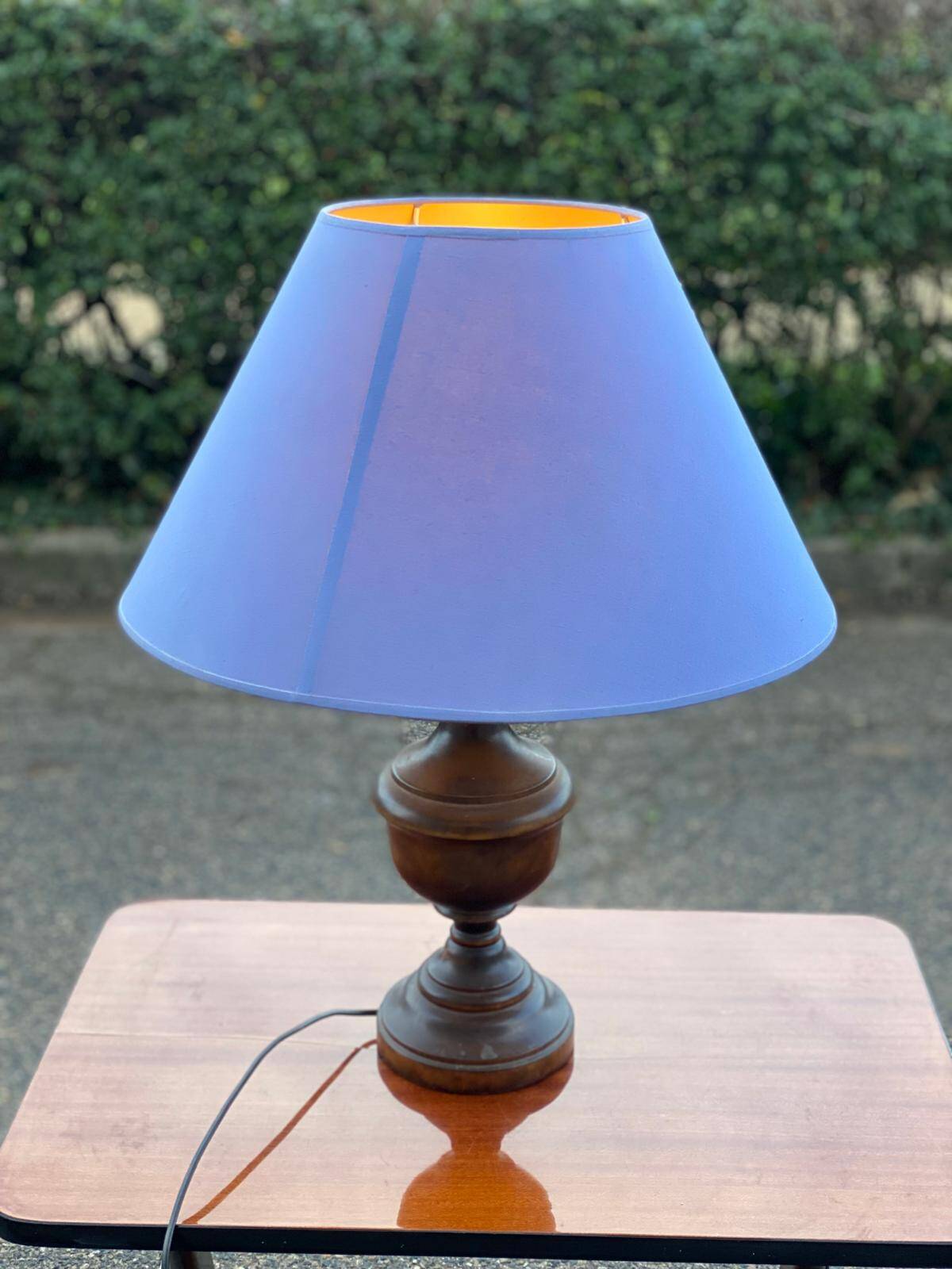 Vintage wooden bedside or table lamp with sky blue lampshade