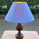 Vintage wooden bedside or table lamp with sky blue lampshade