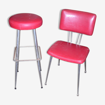 Set de sièges de bar des années 60 en métal chromé et skai rouge