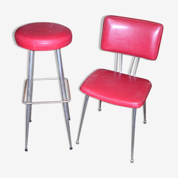 Set of 60s bar seats in chrome metal and red skai