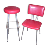 Set of 60s bar seats in chrome metal and red leatherette