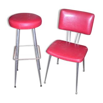 Set of 60s bar seats in chrome metal and red skai