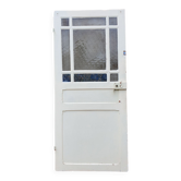 Porte vitrée ancienne, verre cathédrale, bois, vintage