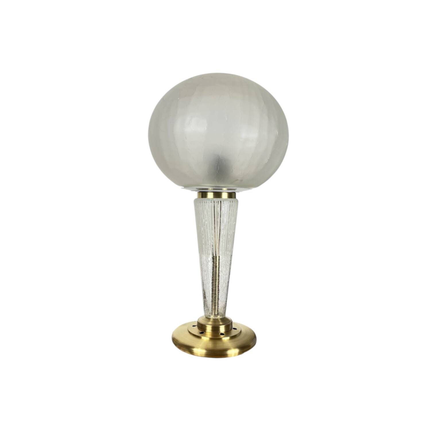Large globe table lamp with a cracked glass base and brass stand.