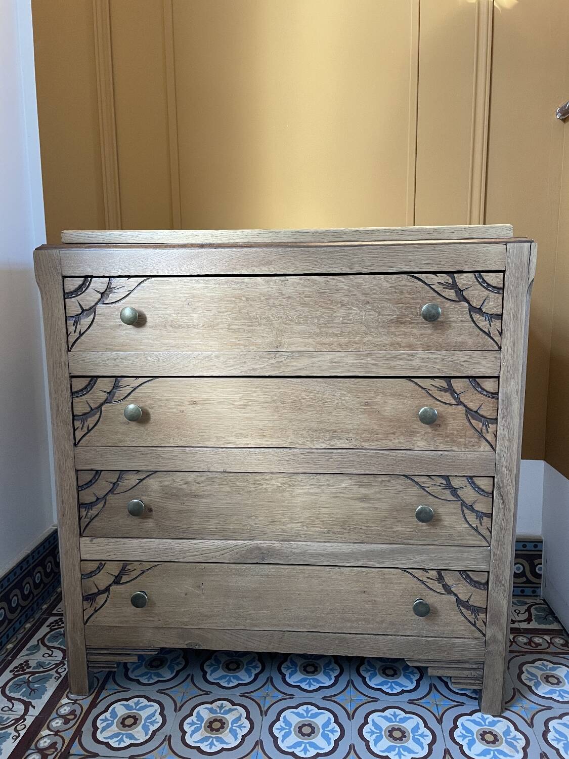 Carved solid oak chest of drawers