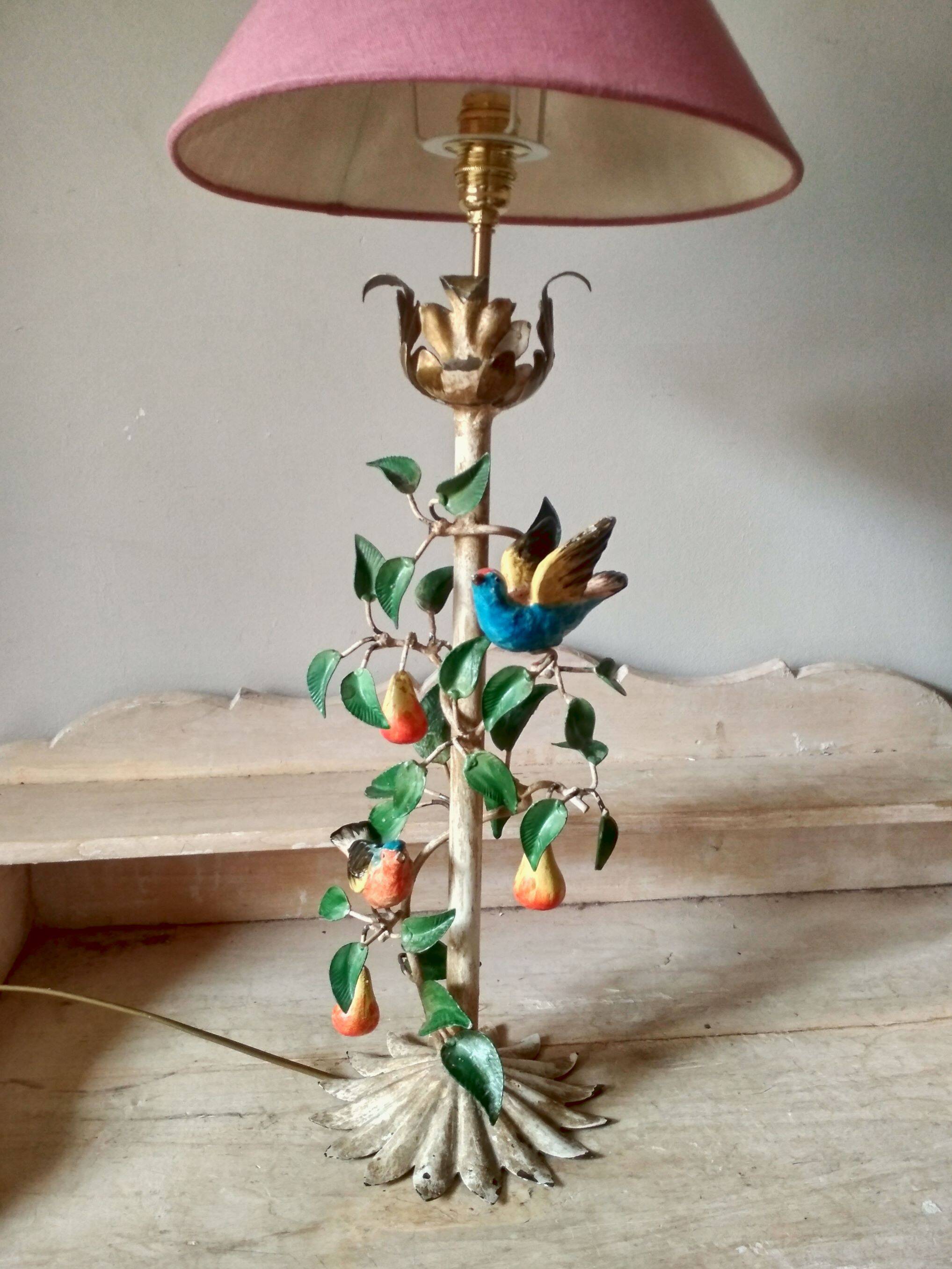 Painted metal candle holder lamp - wrought iron fruit and bird lamp base