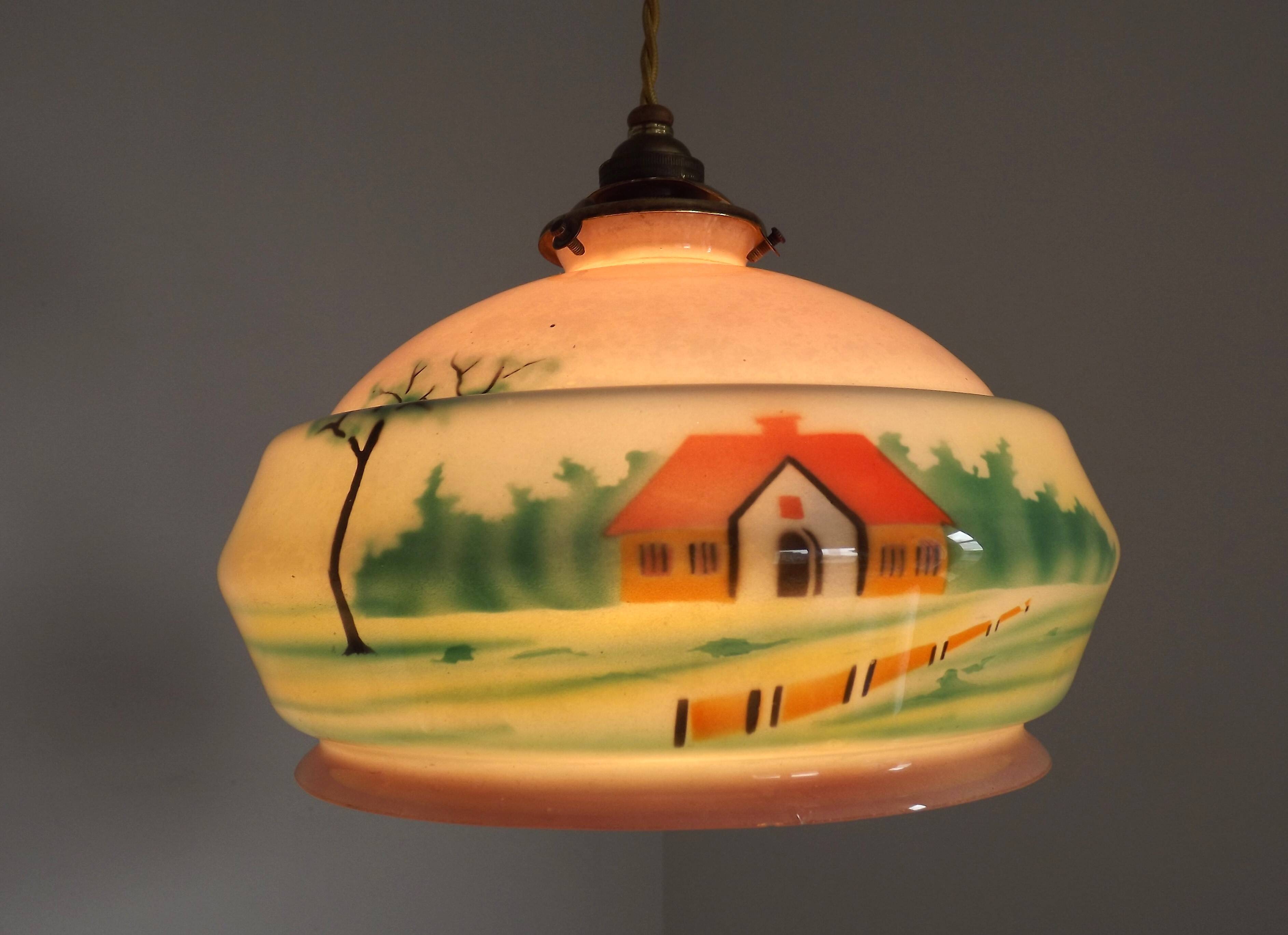 French Art Deco Pink & Cream Pendant Light with House and Tree Design