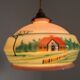 French Art Deco Pink & Cream Pendant Light with House and Tree Design