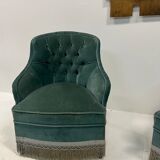 Duo of upholstered blue toad armchairs