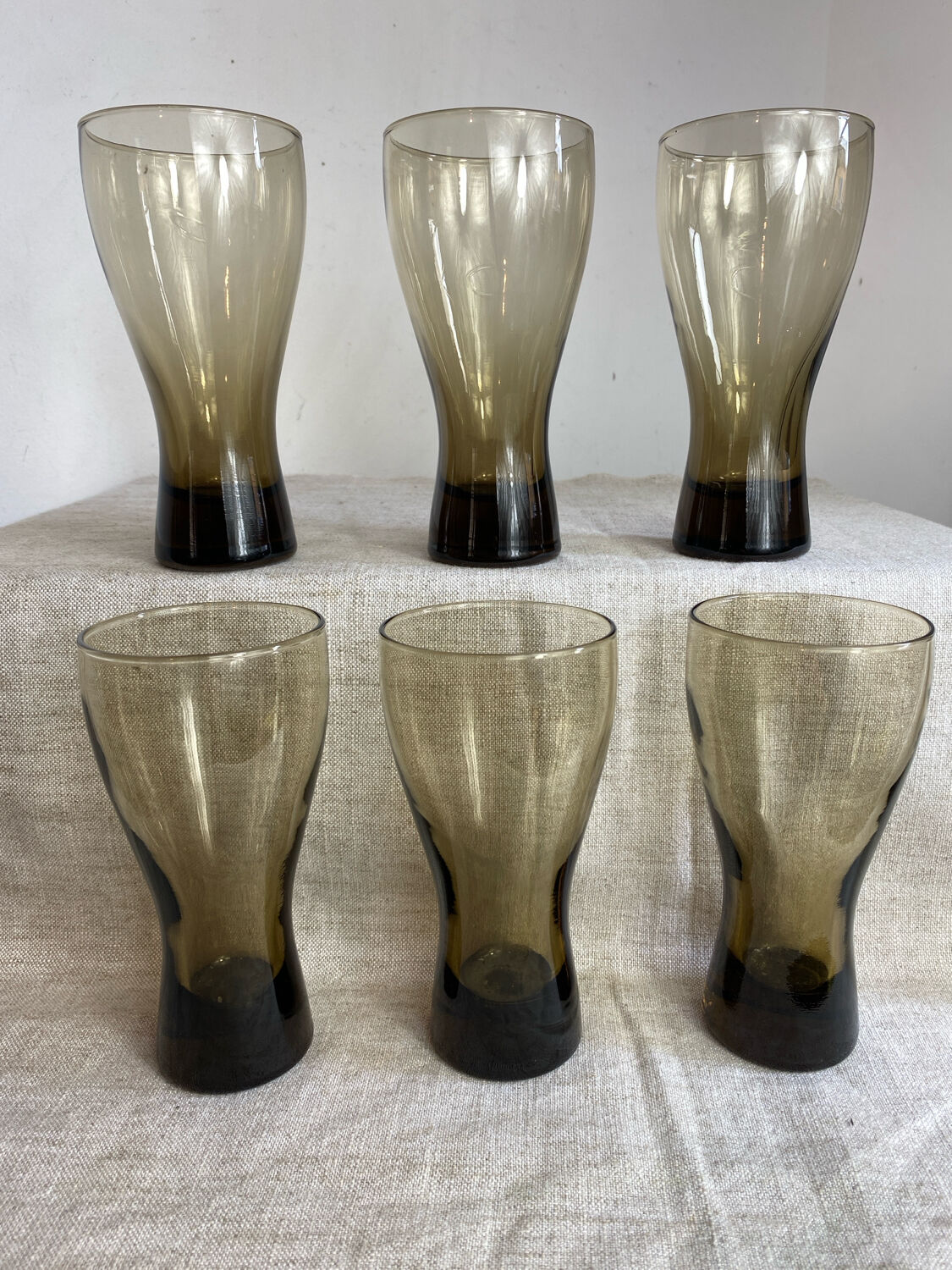 Six smoky glass soda glasses, Luminarc, 1970s.