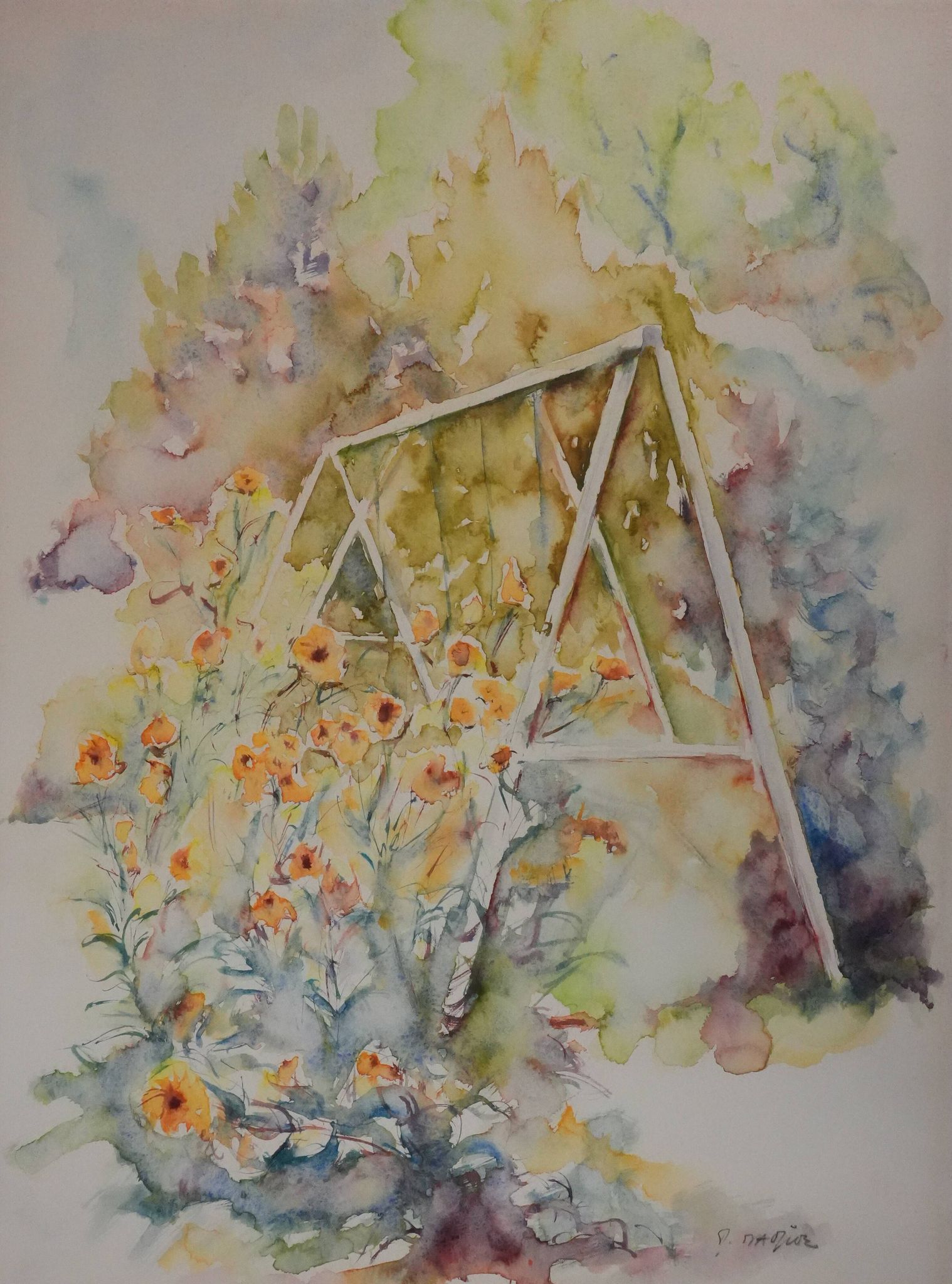 Ecole XXe : Le parc fleuri, aquarelle originale signée