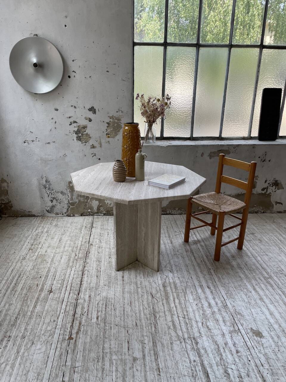 Octagonal travertine coffee table