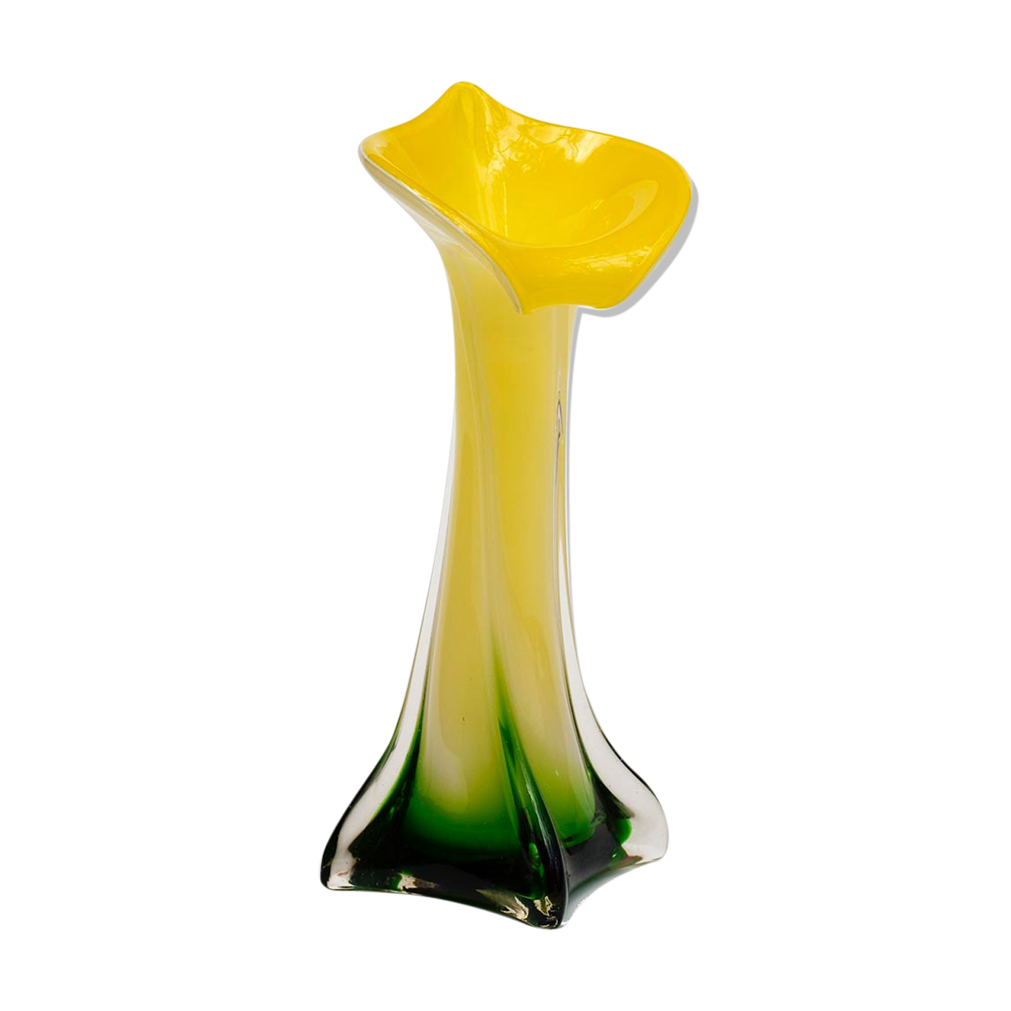 Vase soliflore form arum aroma green yellow glass Murano ⋆ Brocante Chic