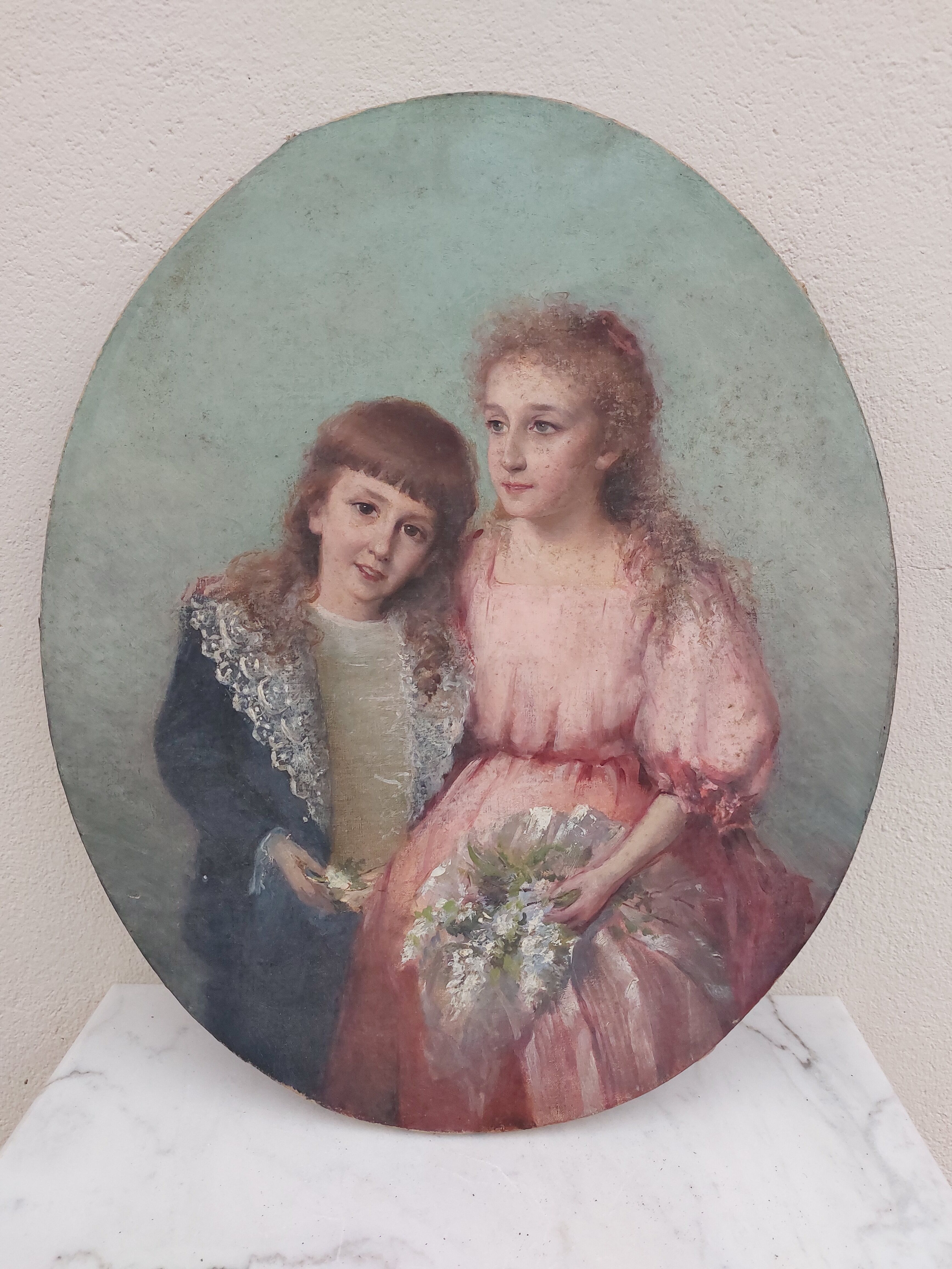 Portrait painting to young girls oil on canvas 19th