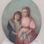 Portrait painting to young girls oil on canvas 19th