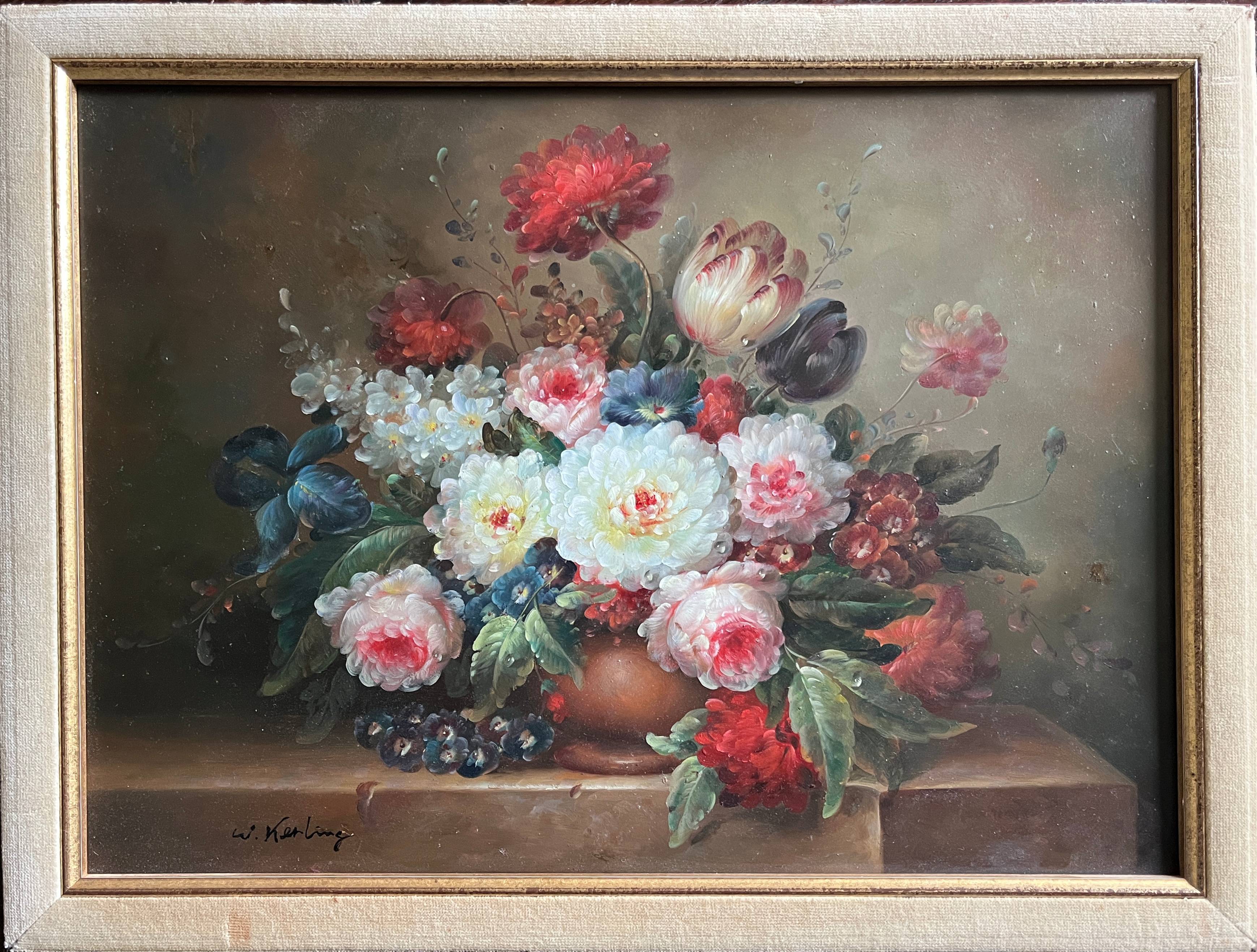 HSP painting "Bouquet of flowers on entablature" signed Ed. W. Kerling (1889-