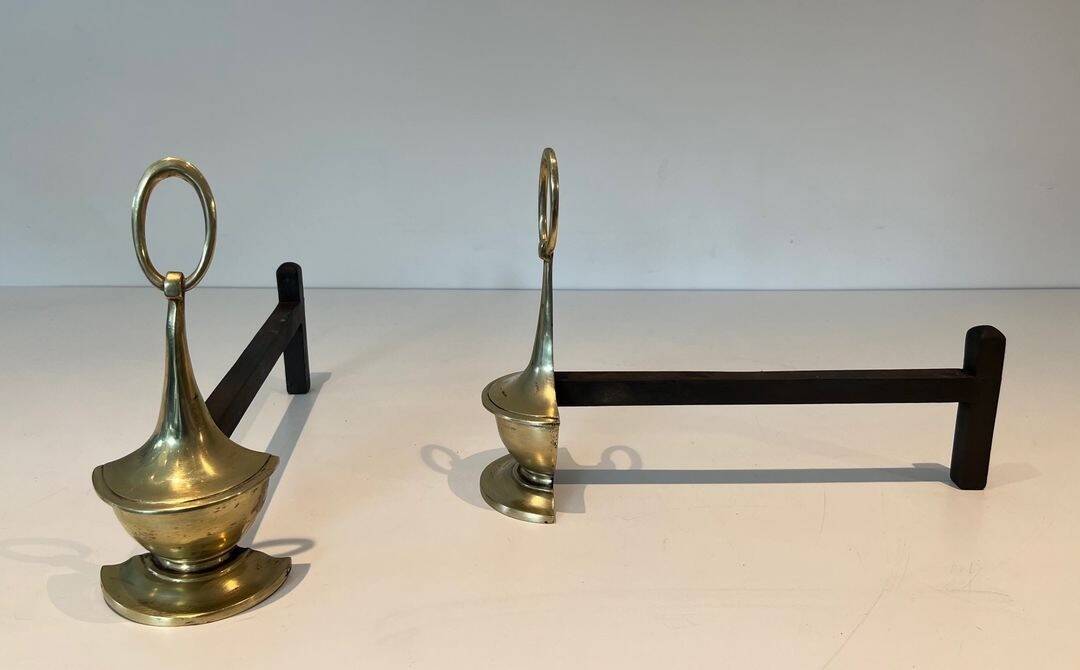 Pair of Bronze Chenets in Neoclassical Style in the Form of an Oil Lamp