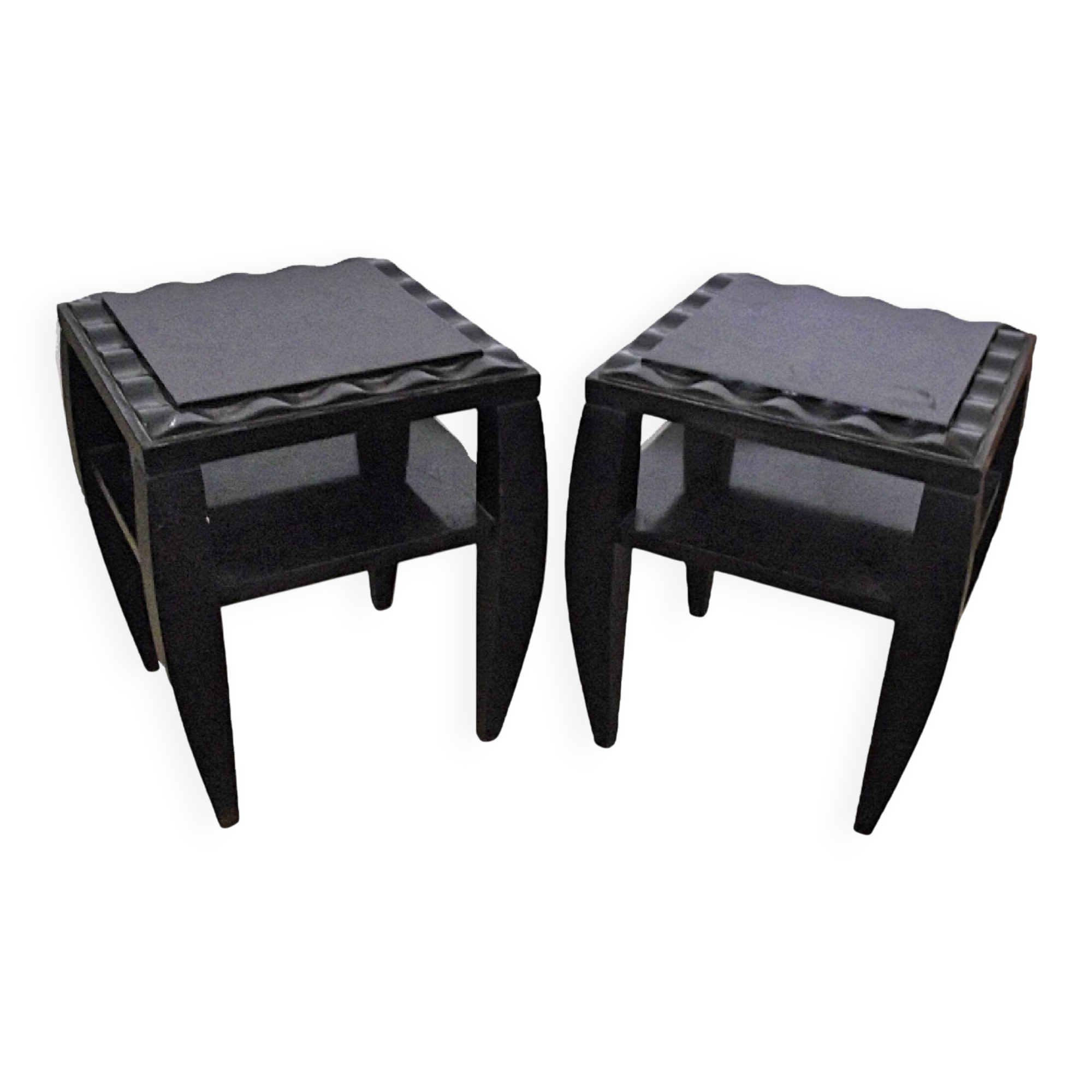 Pair of bedside tables with stylised design, good quality.