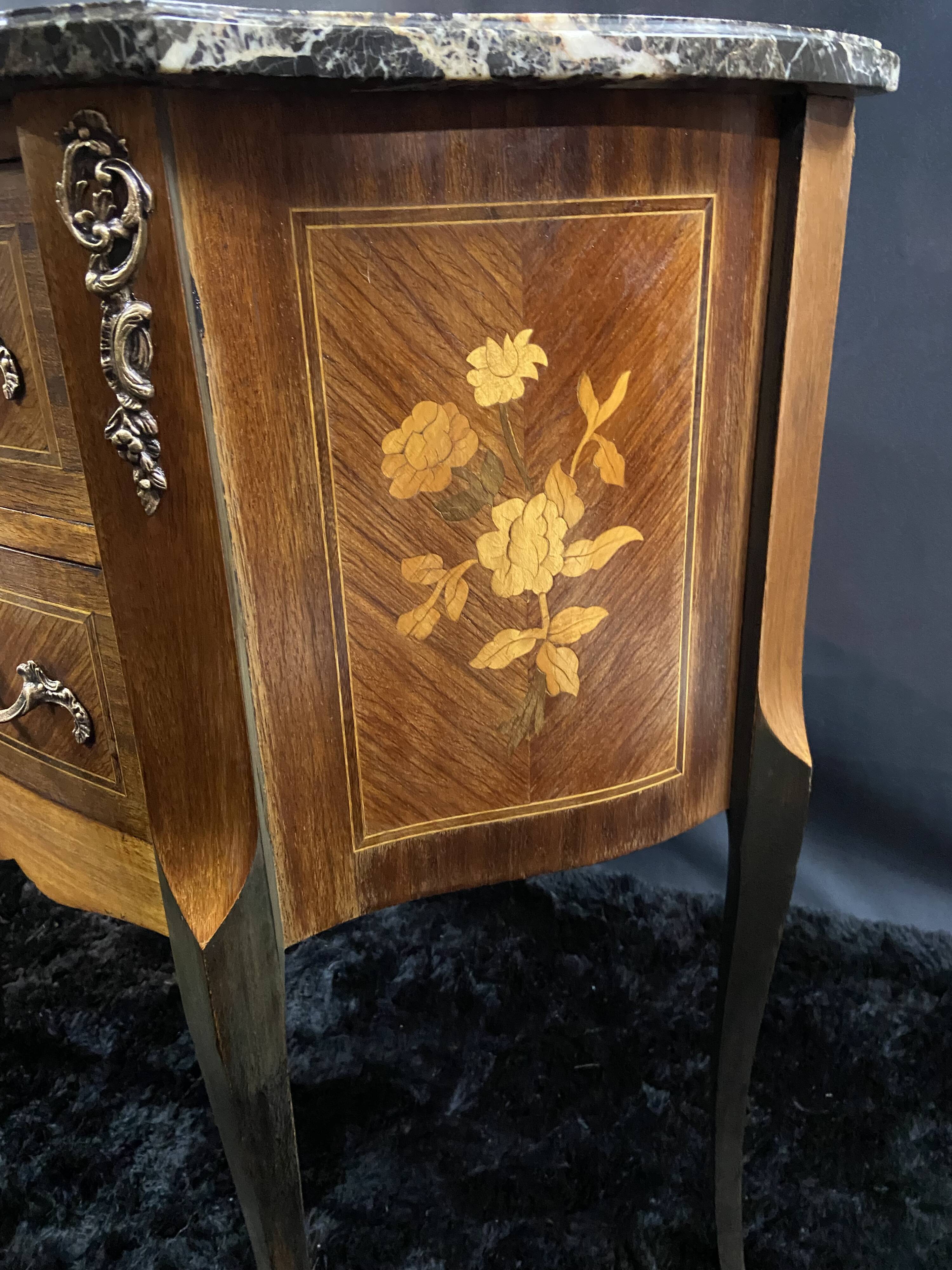 Small Louis XV style half-moon commode with marquetry and bronze decoration