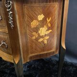 Small Louis XV style half-moon commode with marquetry and bronze decoration