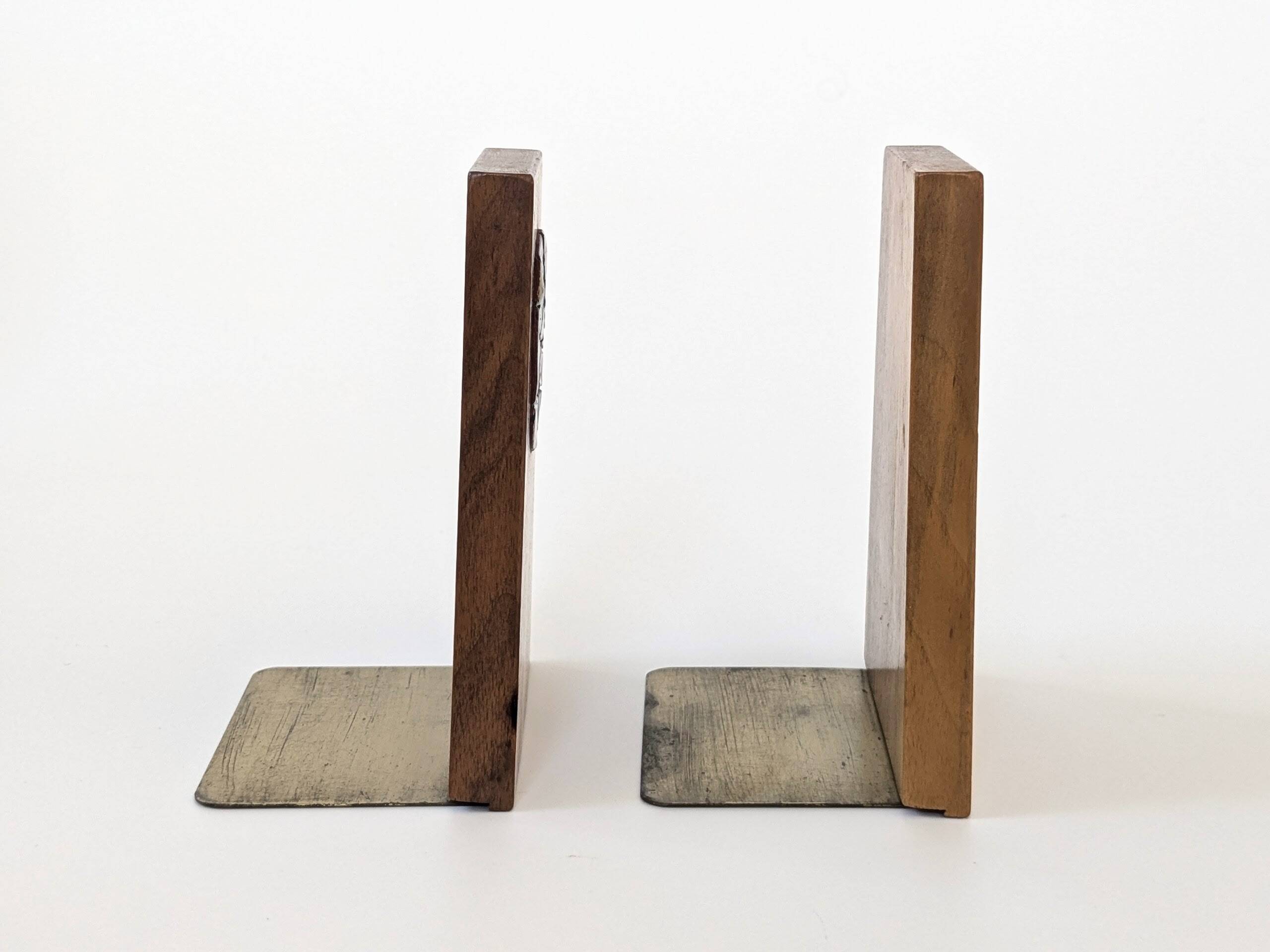 1960s Bookends | Set of 2 | Wood, Ceramic & Brass