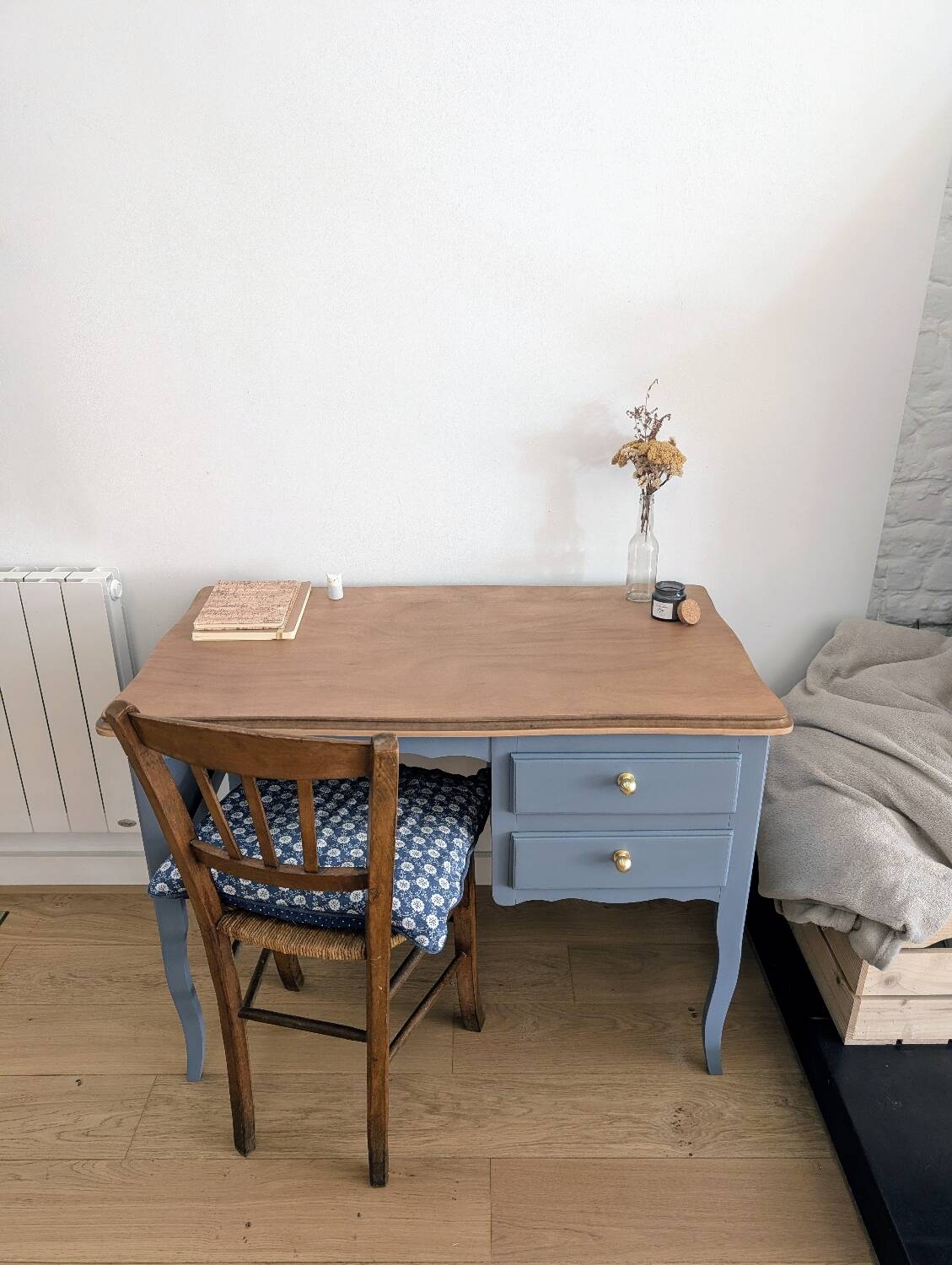 Blue wooden desk ready for its new life.