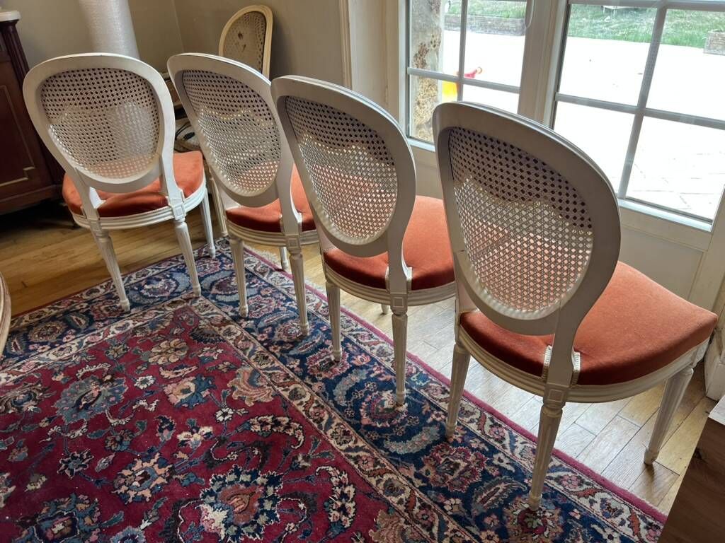 Set of 4 Louis XVI style medallion chairs in lacquered wood and cane
