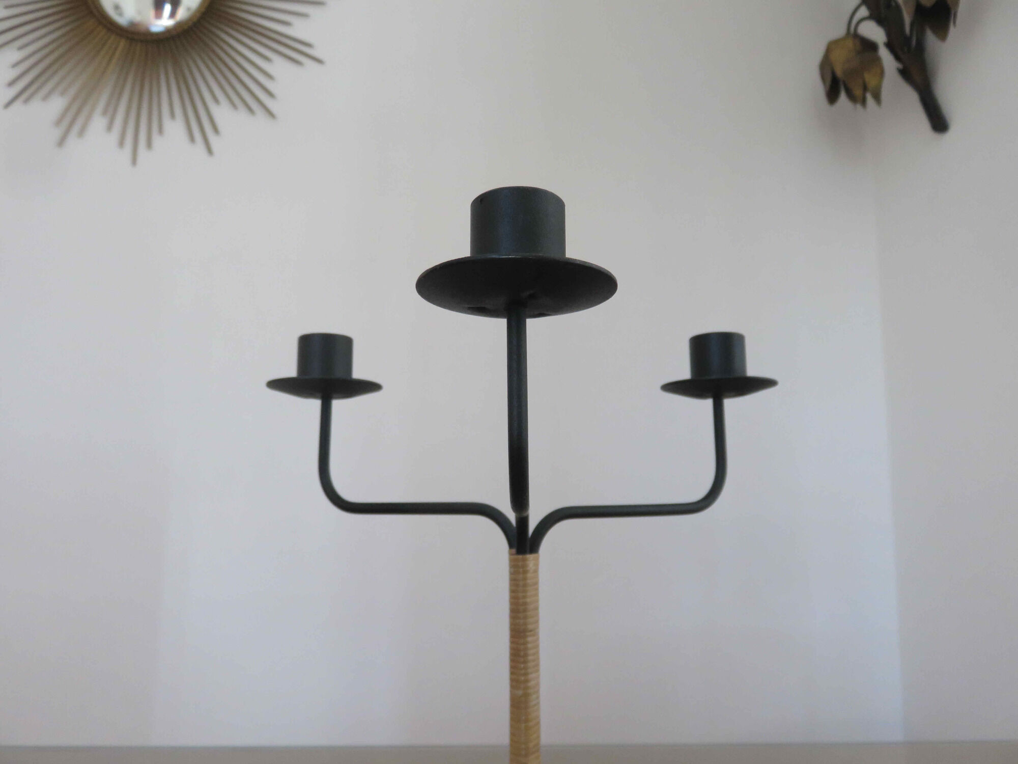 Scandinavian candle holder Laurids Lonborg in metal and rattan 50s 60s