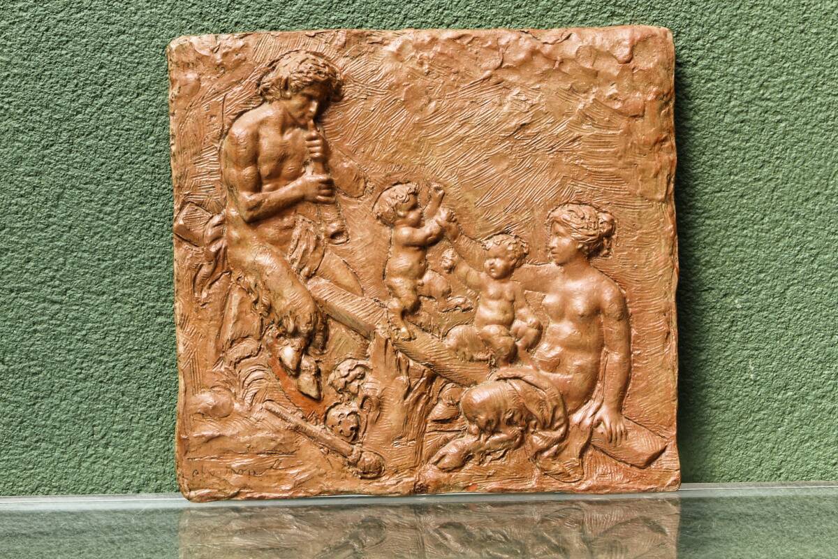 Terracotta bas-relief, satyrs, signed Clodion.
