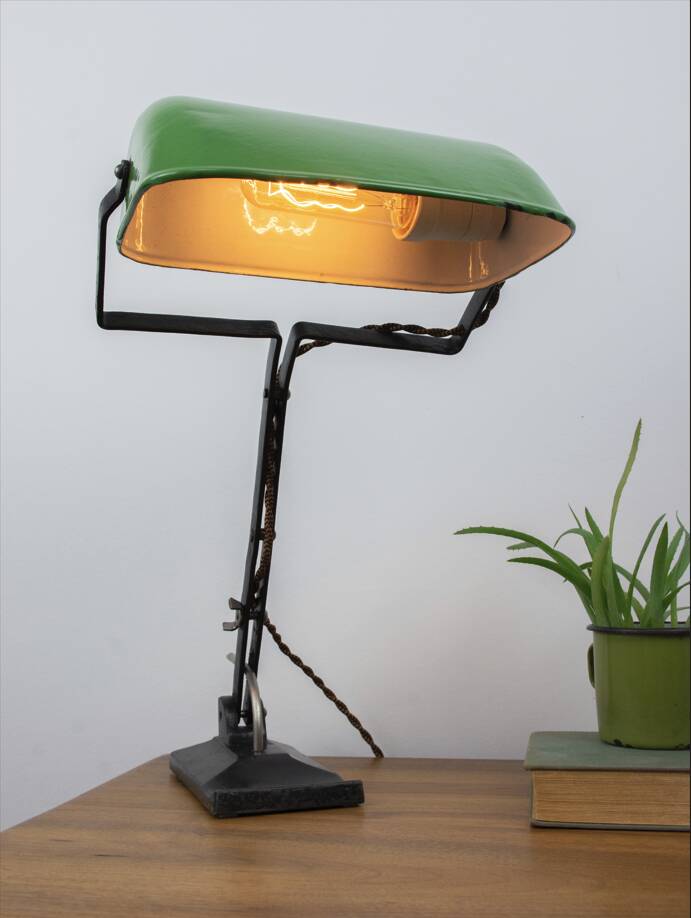 Vintage Art Nouveau Green Metal Industrial Table Lamp