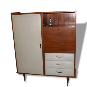 Meuble bois et skai armoire-commode-secretaire vintage