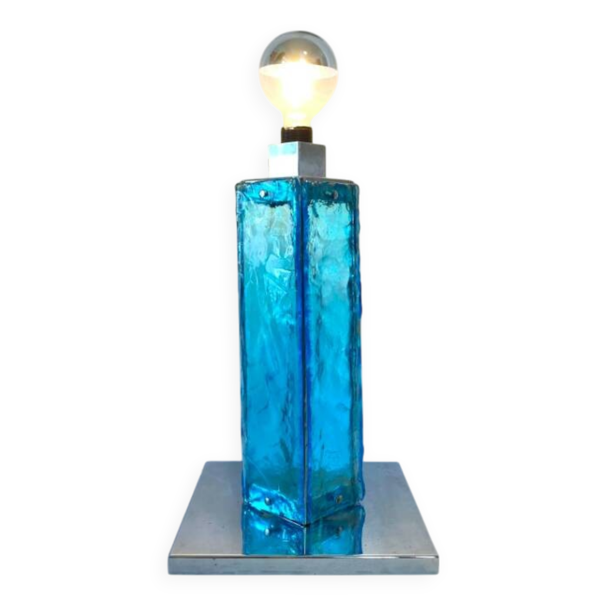 Grande lampe murano bleu et chrome, 1960s. Italy