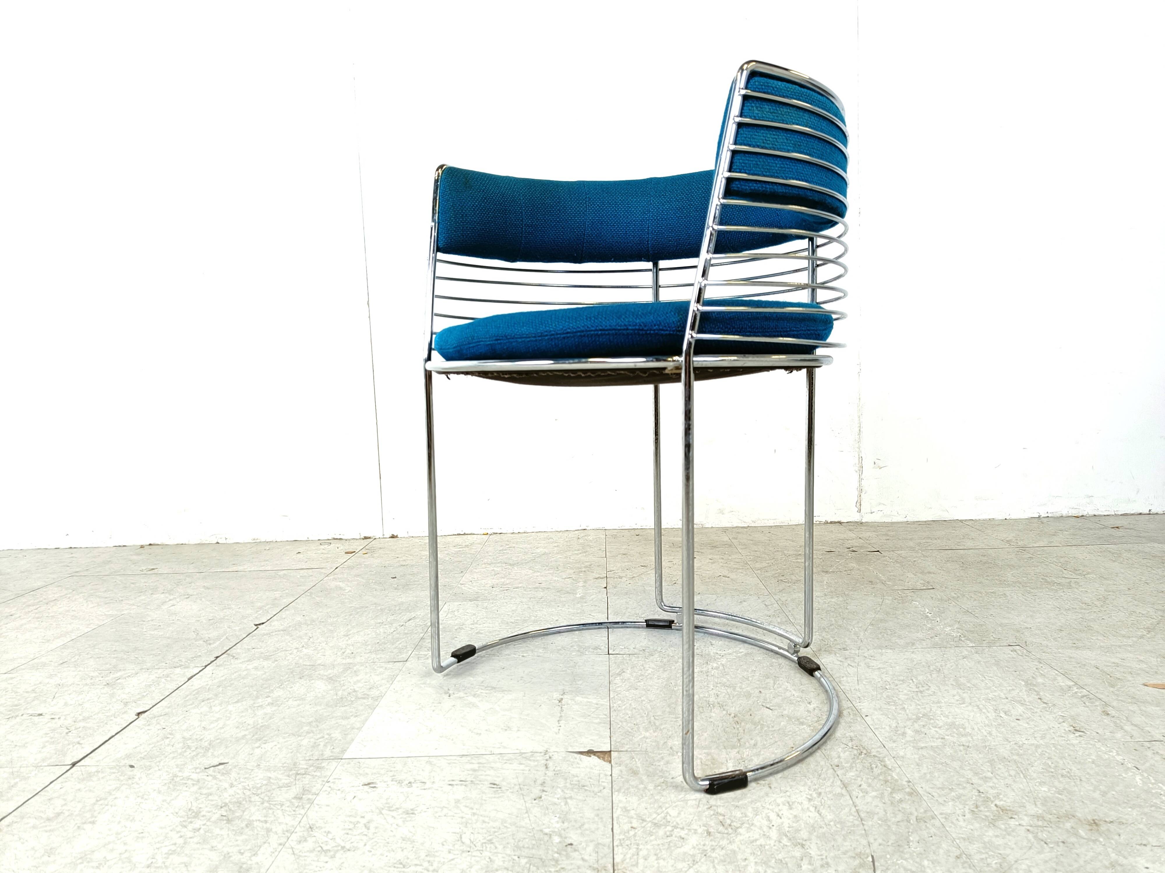 Set of 6 chrome wire and blue fabric dining chairs, 1970s