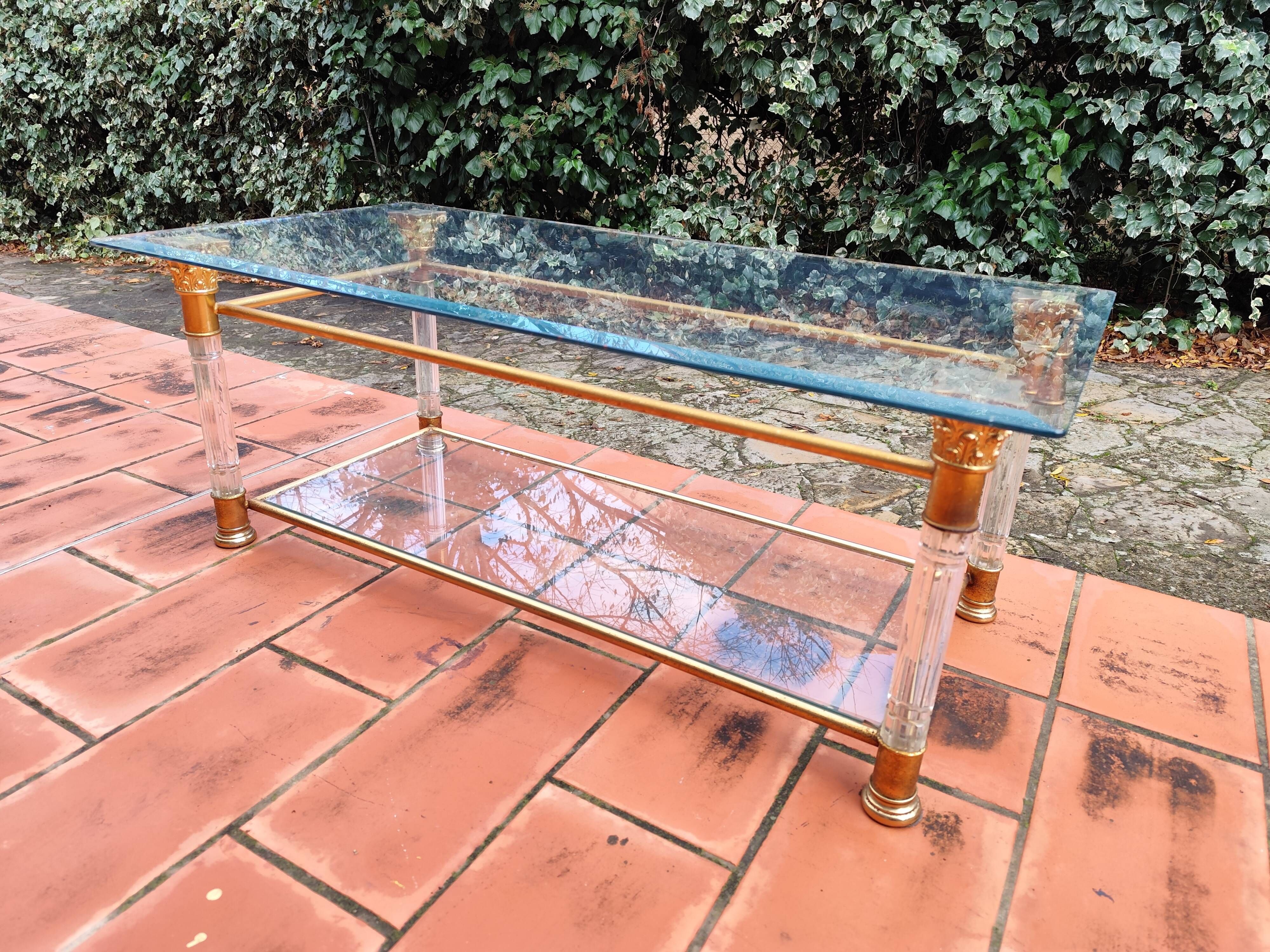 Rectangular coffee table in glass, brass and plexiglass Italy Hollywood Re